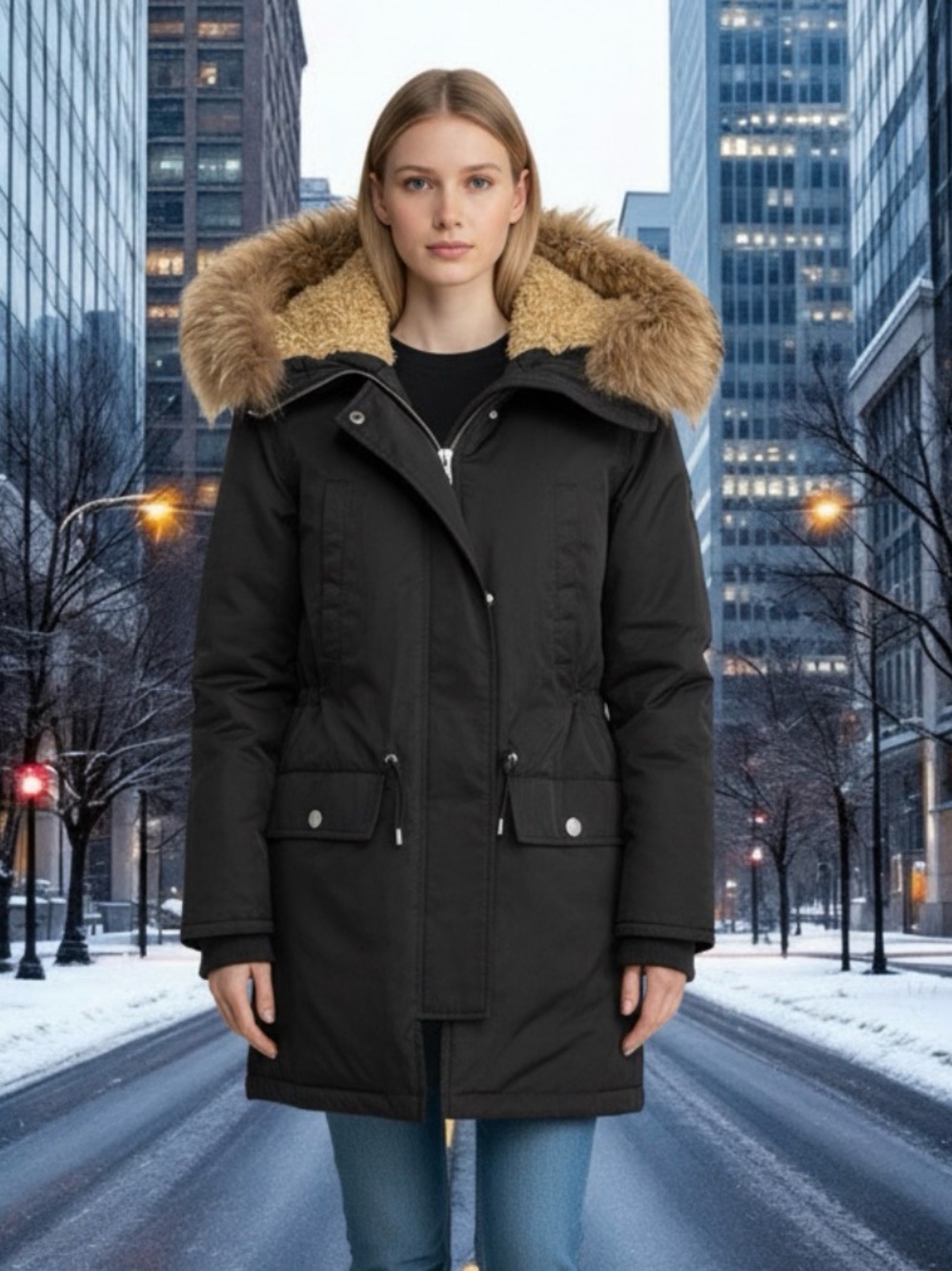 Theory Black Parka with Fur-Trimmed Hood size  M